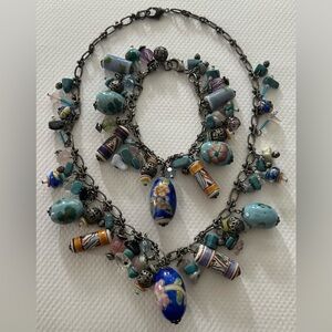 Chunky, Cloissone Ceramic Bead & Natural Stone Chip Necklace & Bracelet Set